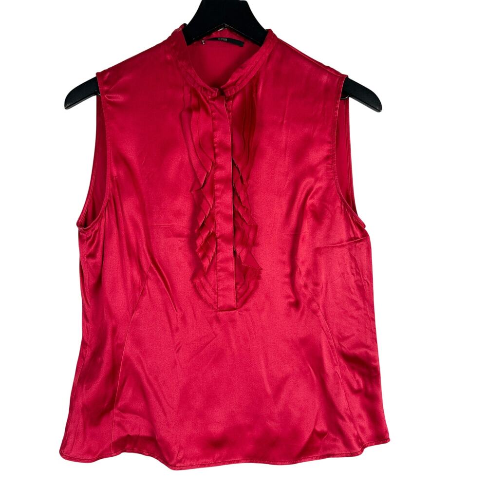 BOSS Hugo Boss Womens 100% Silk Popover Sleeveless Blouse Red Ruffles - 10 US